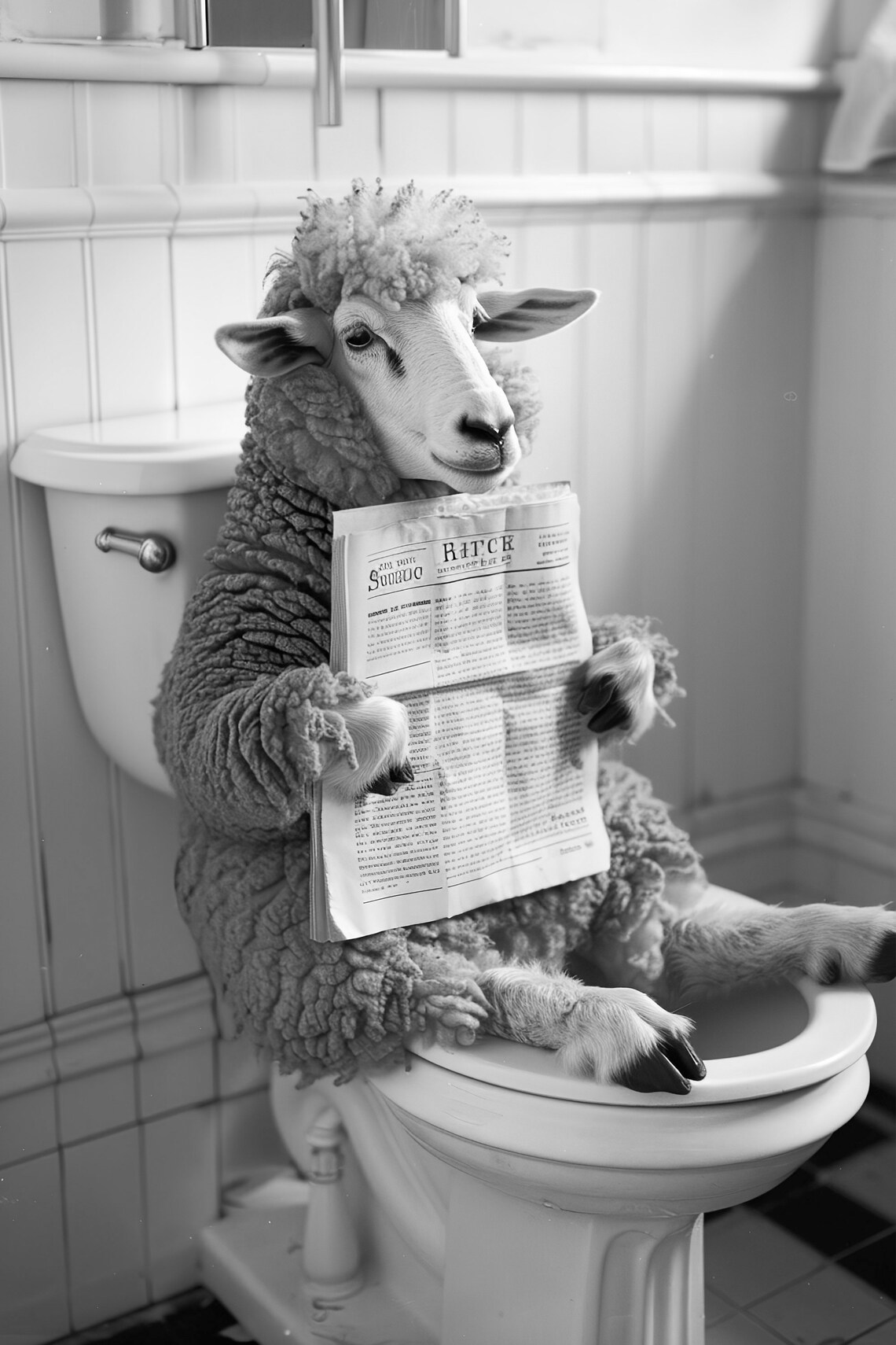 Sheep Reading Newspaper on the Toilet Funny Farmhouse Bathroom Poster