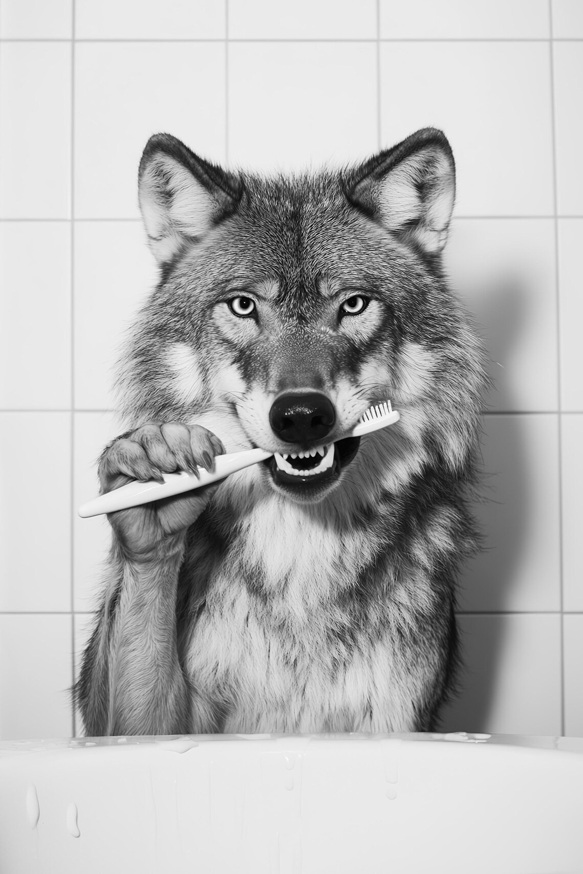 Wolf Brushing Teeth Vintage Bathroom Art Print - Image 2