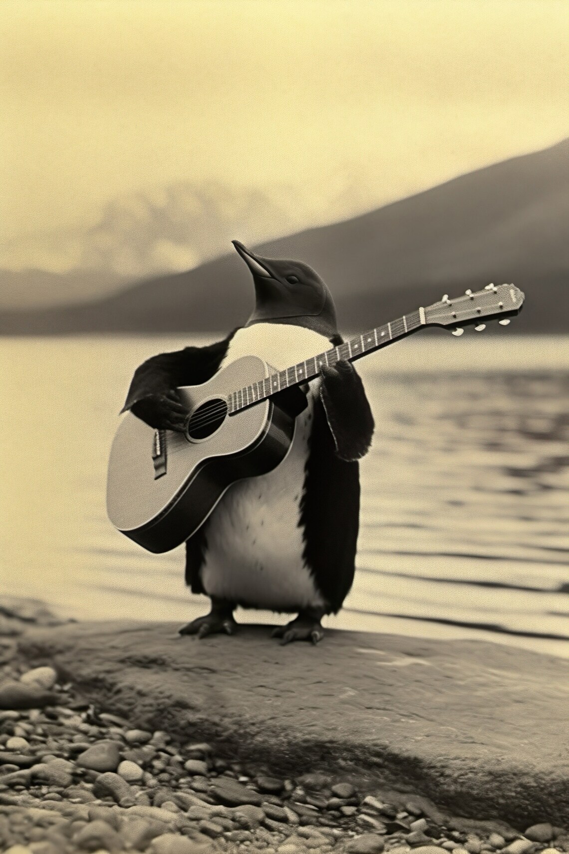Penguin Playing Guitar Funny Vintage Animal Art Print