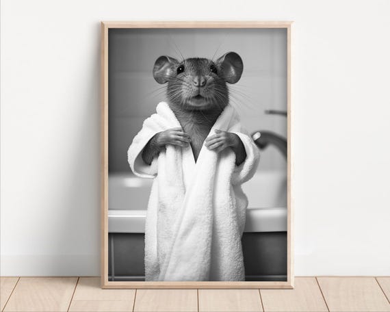 Mouse In A Bathrobe Funny Bathroom Wall Art Funny Retro Vintage Style Animal Photo Cute Mouse Wall Art Print Wall Art