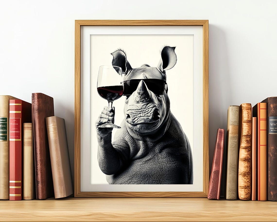 Rhino With Sunglasses Holding Red Wine Glass Funny Animal Poster - Image 3