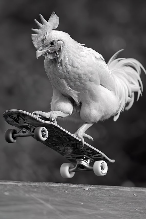 Chicken Skateboarding Funny Animal Wall Art Chicken On Skateboard Vintage Chicken Photo Black White Photography Ai Art
