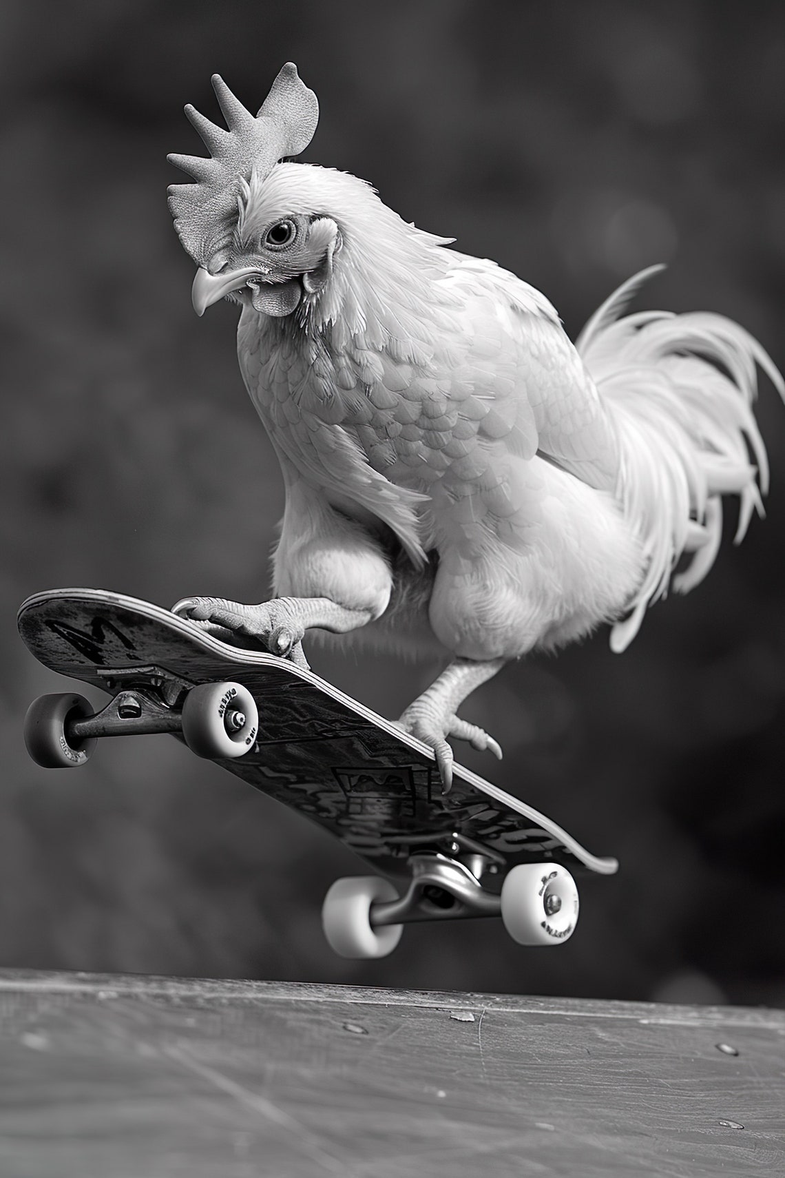 Rooster Skateboard Trick Funny Farm Black And White Photo Print
