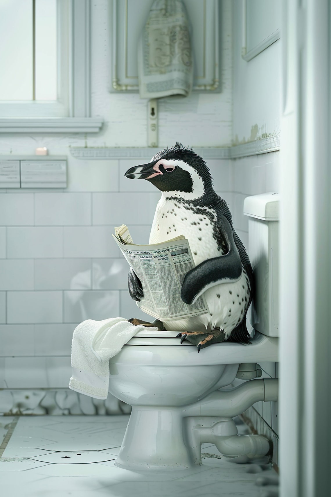 Penguin Reading Newspaper on Toilet Funny Bathroom Decor Poster