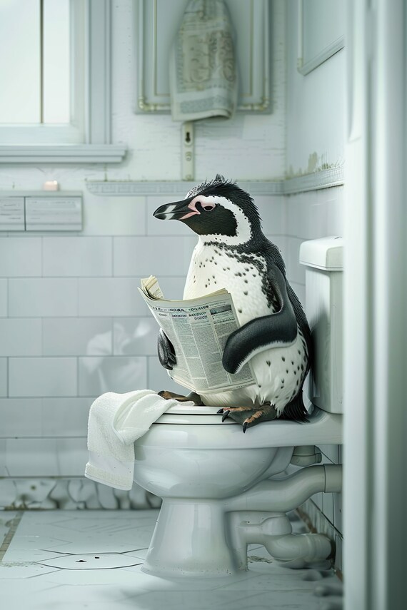 Penguin Reading Newspaper on Toilet Funny Bathroom Decor Poster