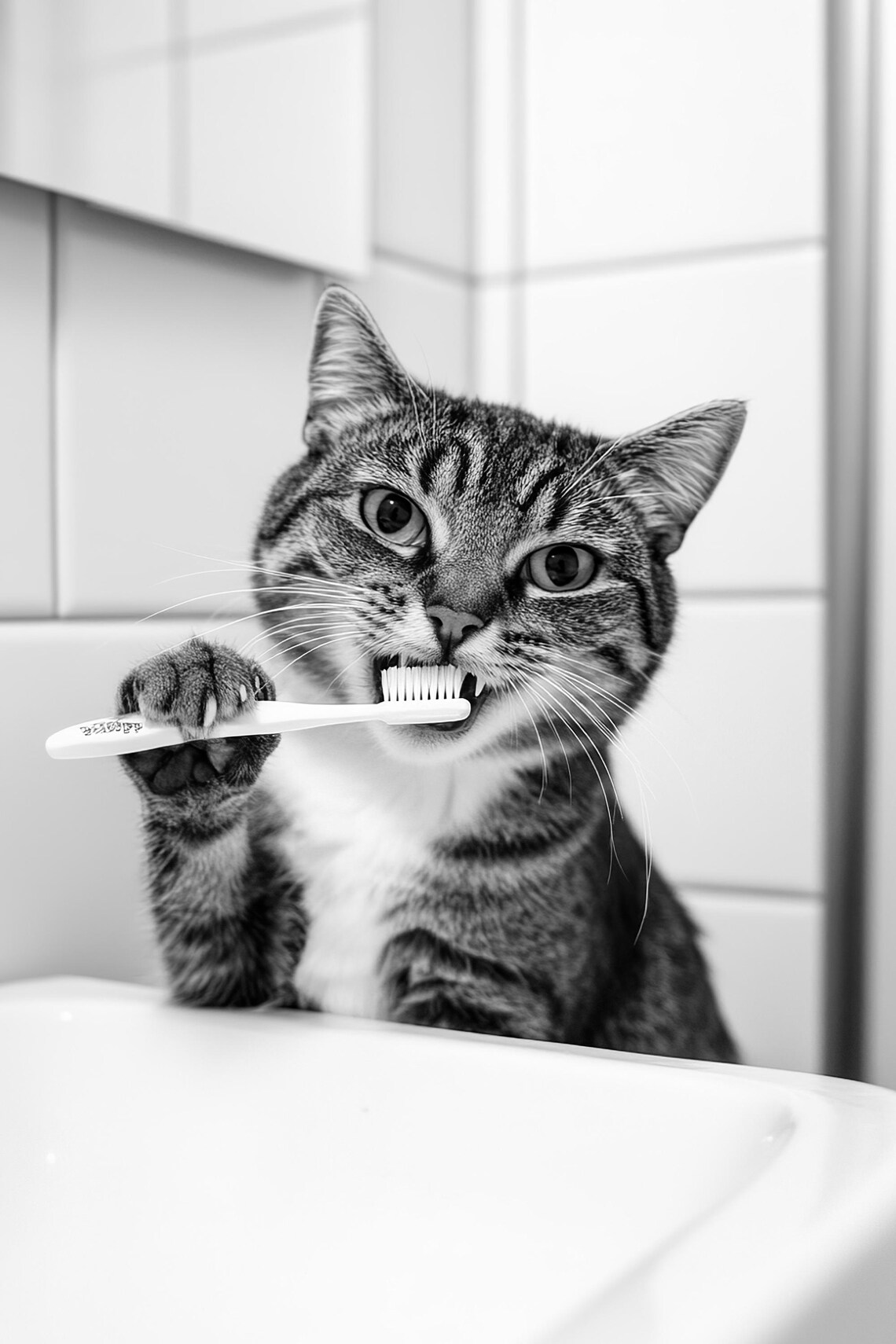 Cat Brushing Teeth Funny Bathroom Art Print