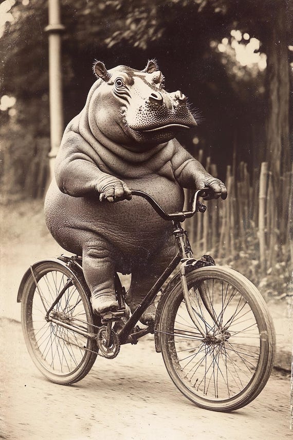 Hippo Riding A Bike Funny Animal Wall Art Hippo With Bicycle Funny Vintage Style Animal Photo Cute Retro Home Print Ai Art