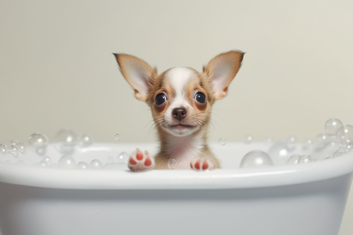 Chihuahua Pup In The Bathtub Funny Bathroom Art Print