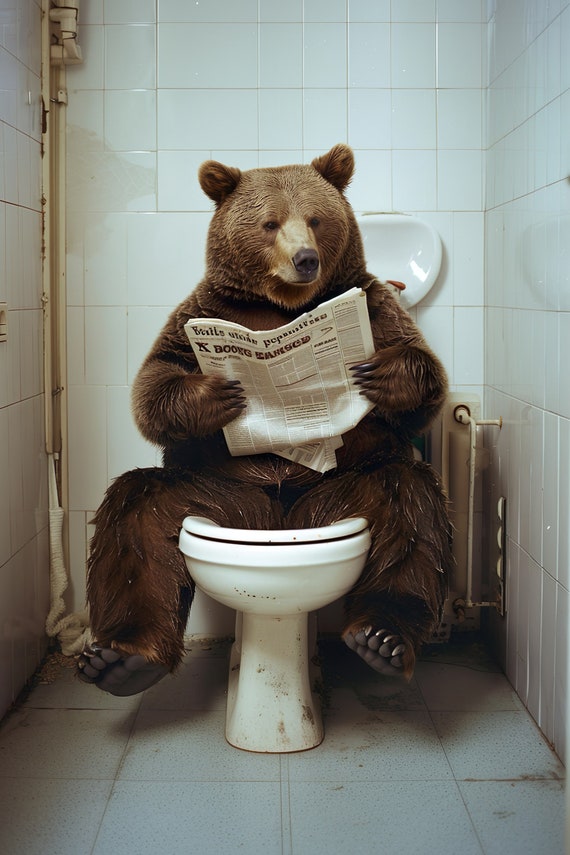 Bear Sitting On The Toilet Reading A Newspaper Funny Bathroom Humor Wall Decor Funny Animal Print Home Ai Prints