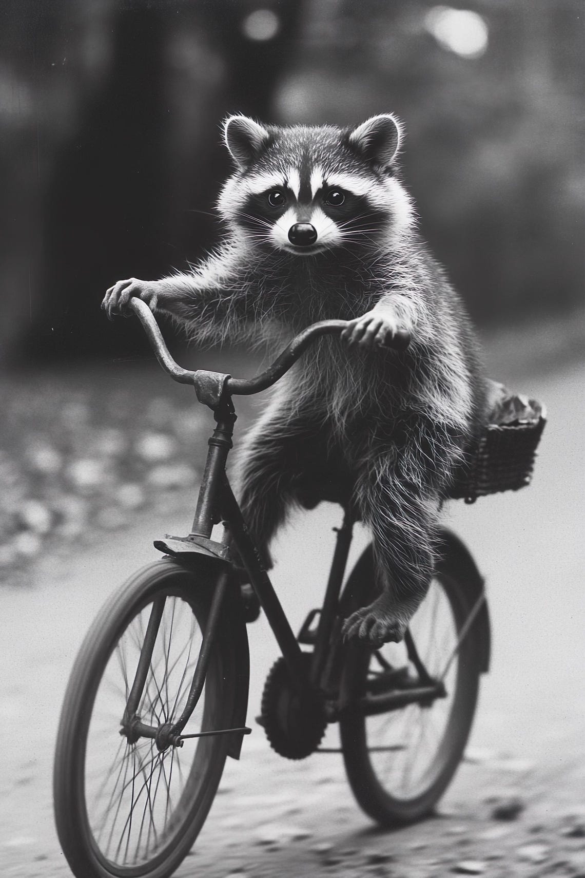 Raccoon Riding Bicycle Basket Cute Funny Black And White Poster