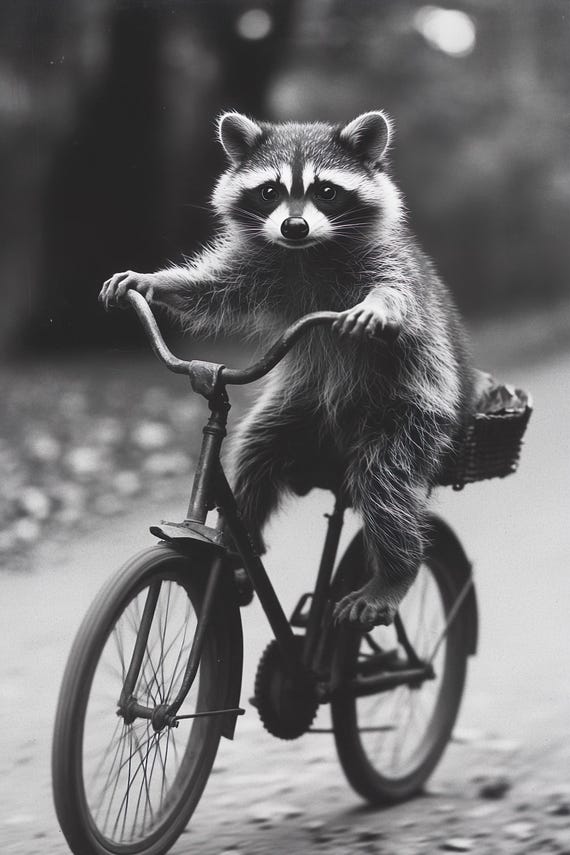 Raccoon Riding A Bike Funny Animal Wall Art Raccoon With Bicycle Funny Vintage Style Animal Photo Cute Retro Print Ai Art