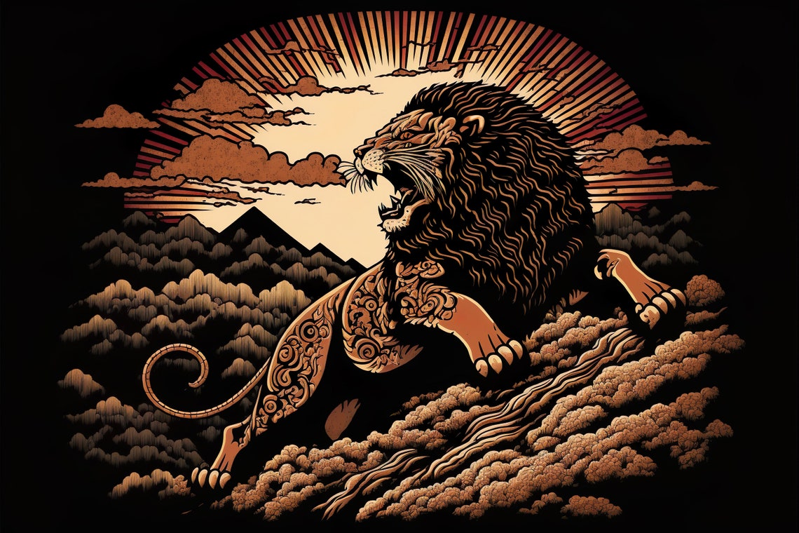 Roaring Lion Tattoo Sunburst Golden Clouds Dramatic Ink Poster