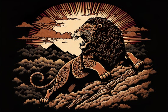 Lion Roaring In Sunset Ukiyo E Art Japanese Landscape Animal Art Print Beautiful Home Decor Wall Art Home Ai Art