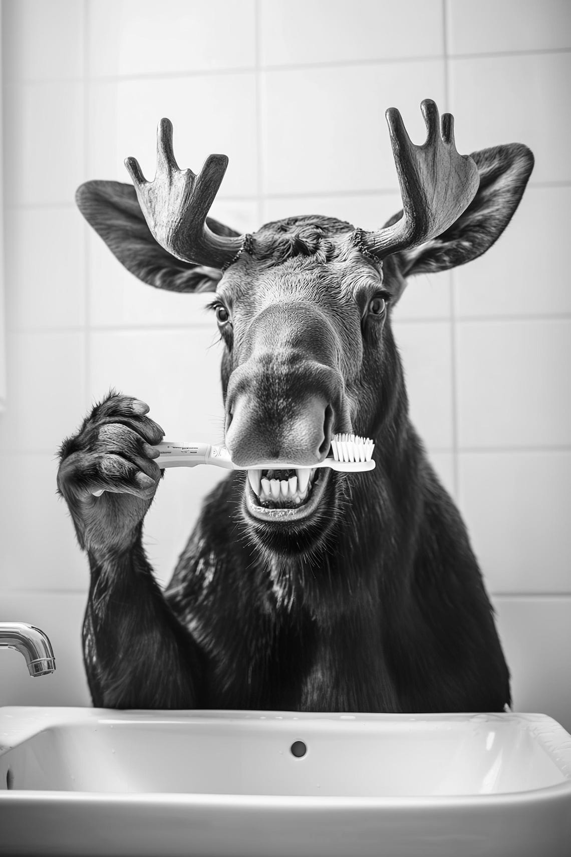 Moose Brushing Teeth Framed Black And White Bathroom Humor Poster - Image 2