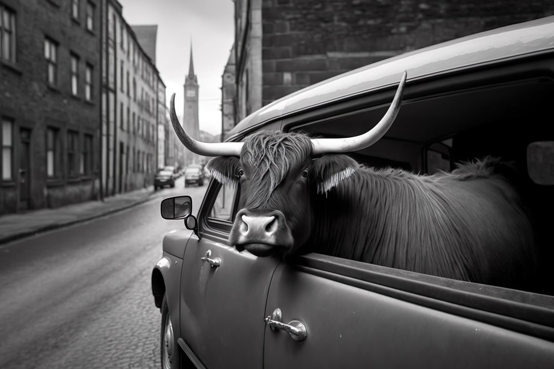 Highland Cow Riding In A Car In New York City Cow Comes To Town Funny Animal Vintage Photo Retro Cow Print Wall Art Ai Art
