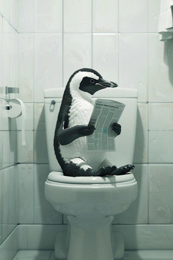 Penguin Sitting On The Toilet Reading A Newspaper Funny Bathroom Humor Wall Decor Funny Animal Print Home Ai Prints