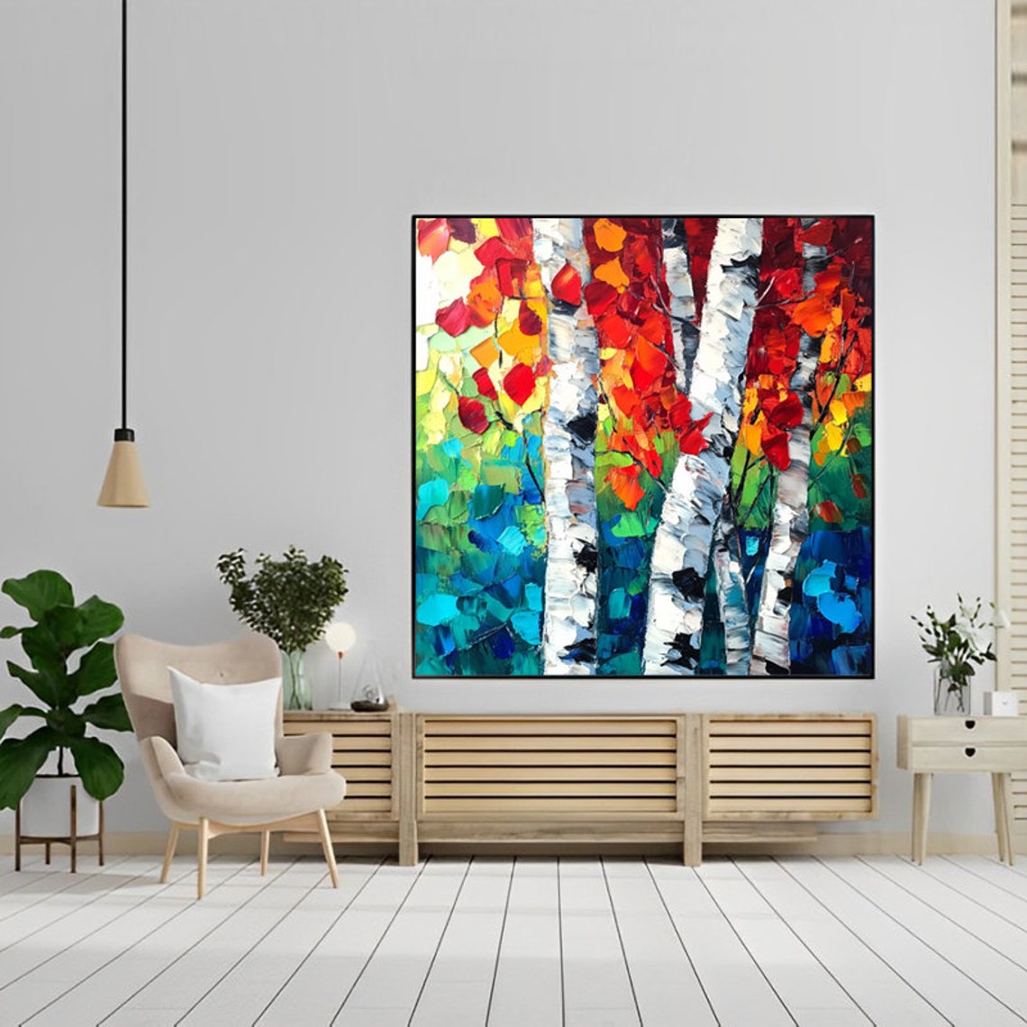Colorful Autumn Birch Trees Thick Impasto Hand Painted Oil Art Poster - Image 4