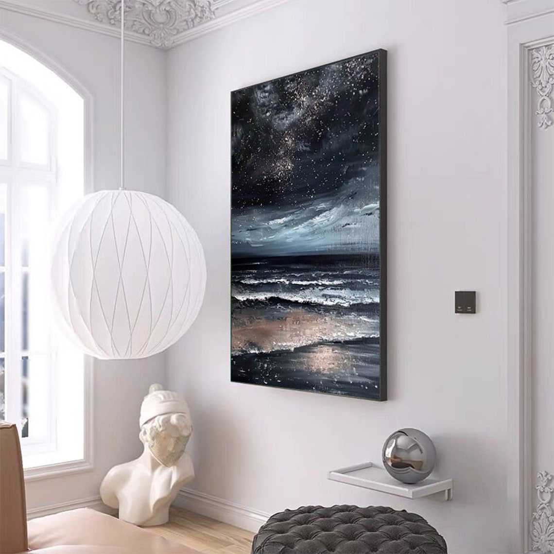 Glittering Starry Sky Above Black Midnight Ocean Waves Vertical Poster - Image 3