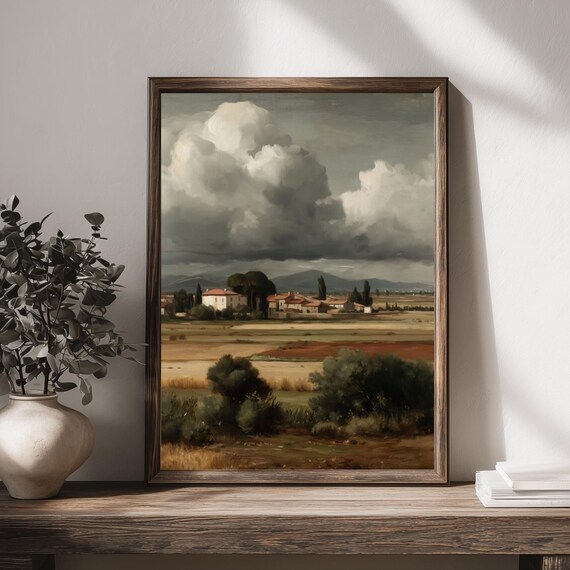 Tuscan Countryside Painting Rustic Landscape Wall Art Stormy Sky Print Neutral Farmhouse Decor