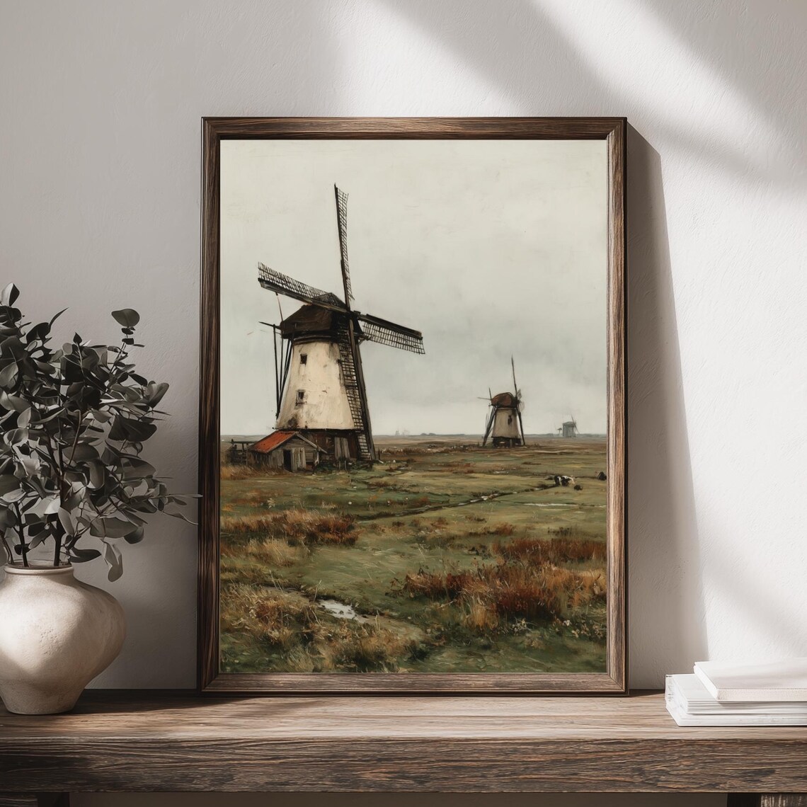 Rustic Dutch Windmills Moody Countryside Landscape Painting Poster