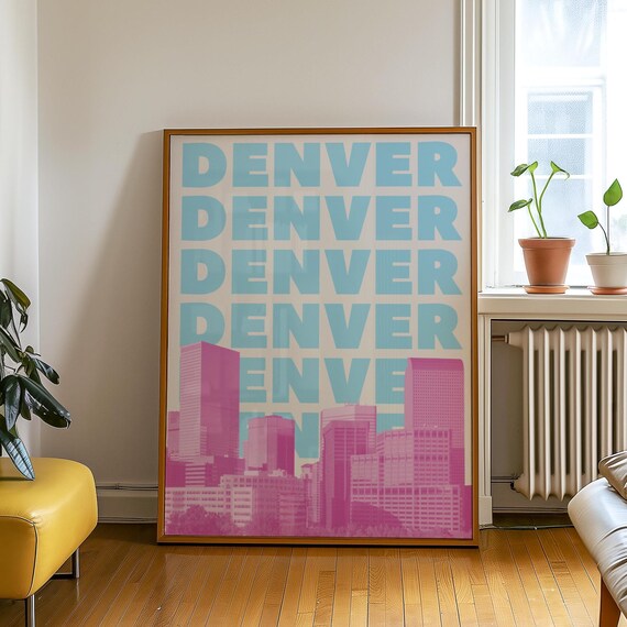 Denver Colorado Pink Skyline Repeated Retro Typography City Poster