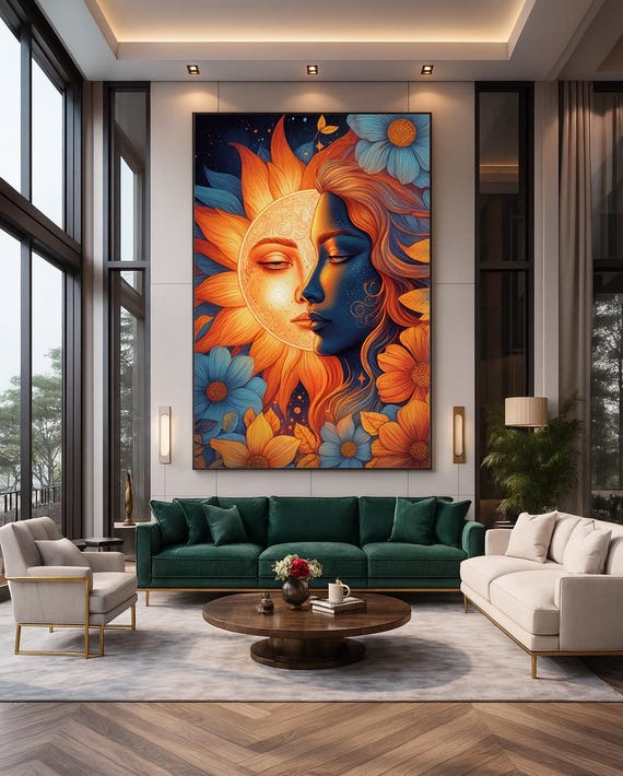 Mystical Celestial Wall Art Boho Sun And Moon With Sunflowers Spiritual Decor
