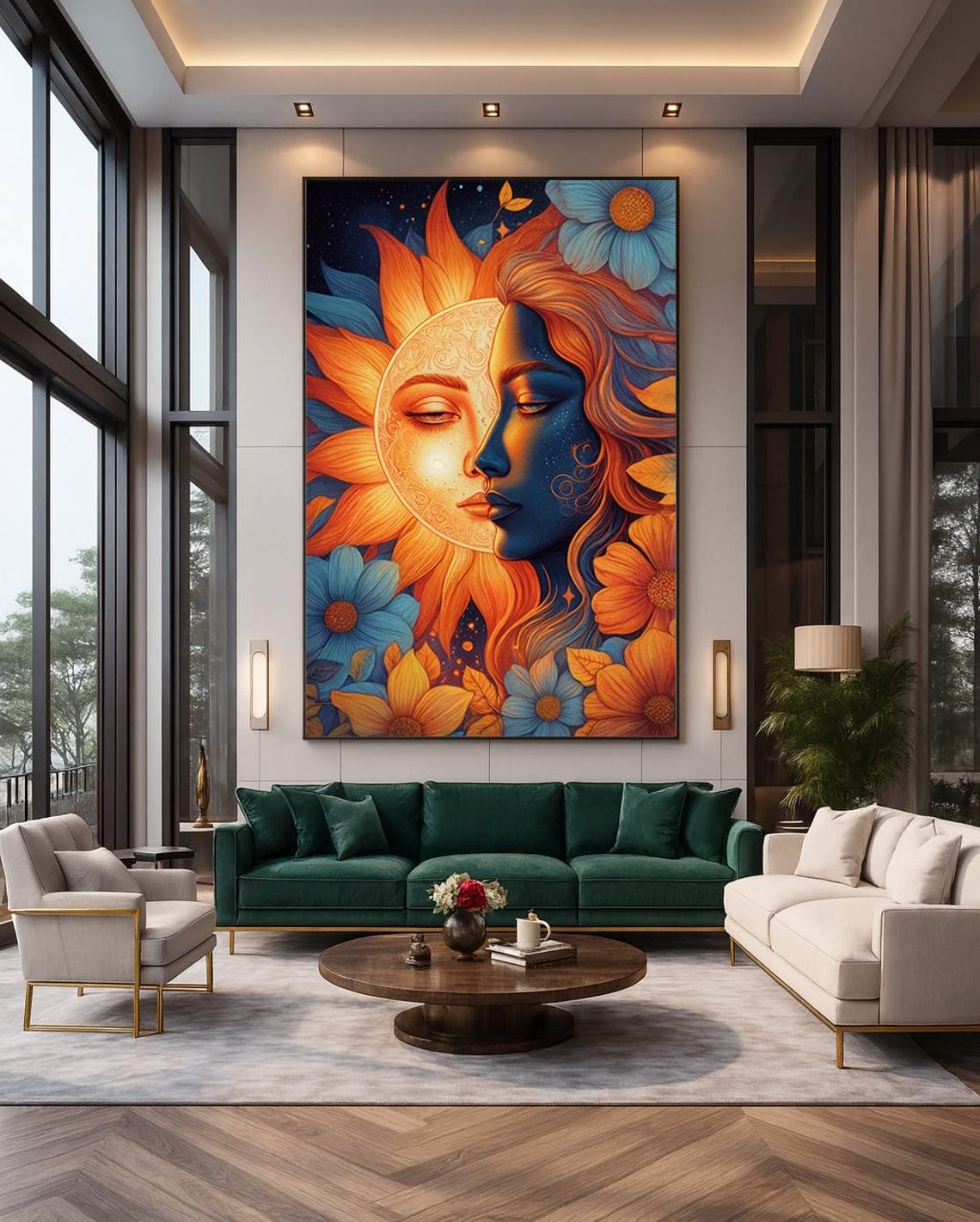Mystical Celestial Wall Art Boho Sun And Moon With Sunflowers Spiritual Decor