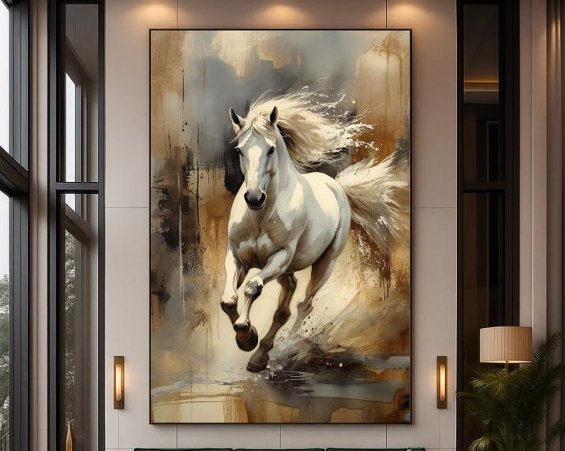 Galloping White Horse Dramatic Watercolor Equestrian Art Print