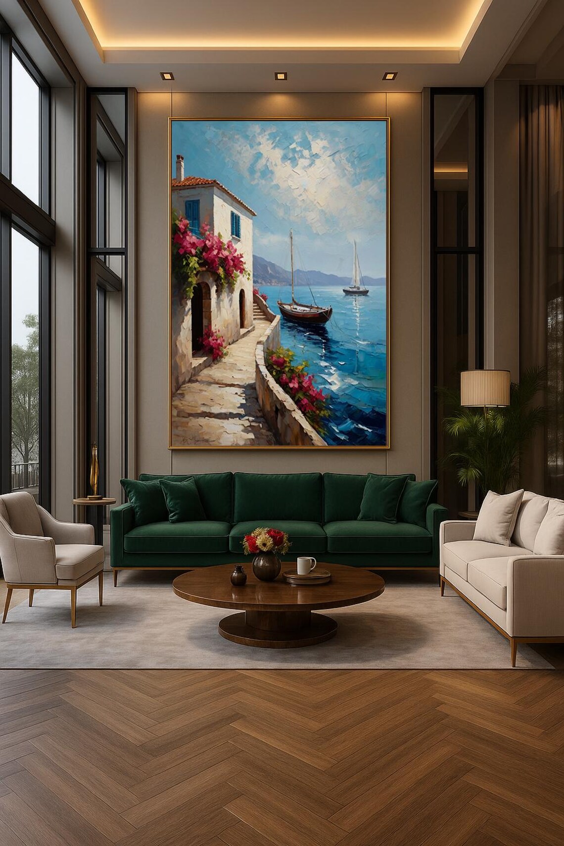 Mediterranean Seaside Villa Bougainvillea Sailboats Coastal Wall Art