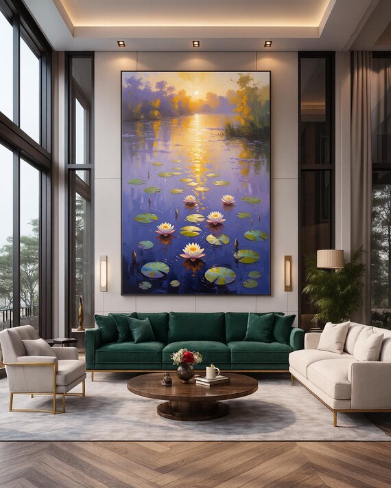 Water Lily Pond Sunset Golden Reflection Impressionist Landscape Poster