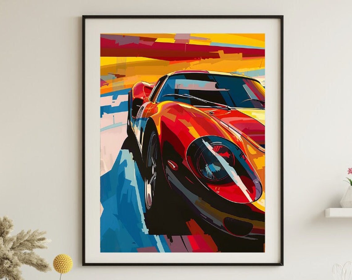 Retro Red Race Car Pop Art Poster With Bold Abstract Sunset Hues