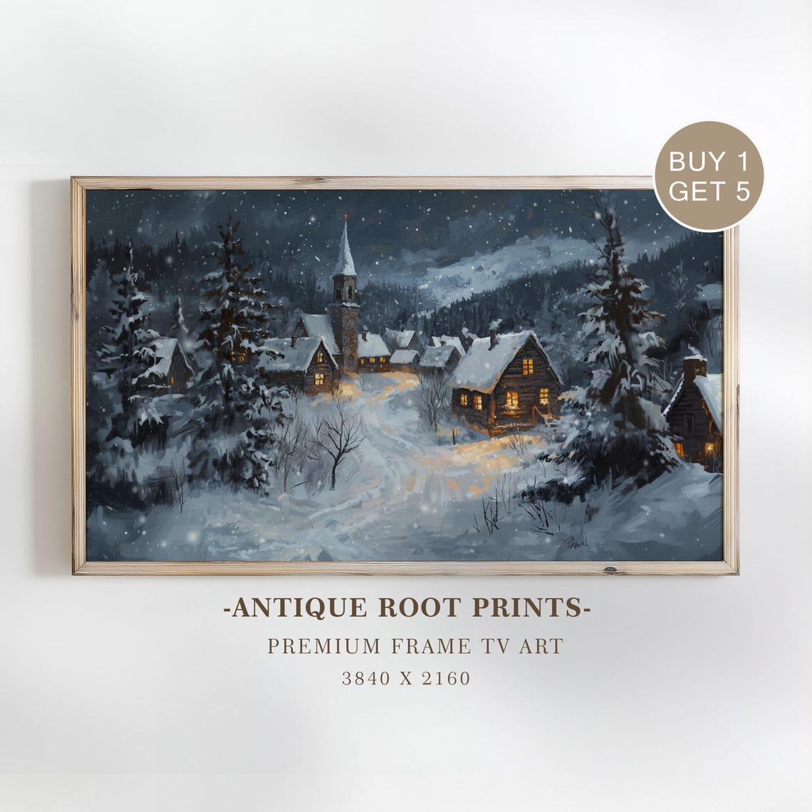 Snowy Village Church at Night Glowing Cabins Winter Landscape Poster