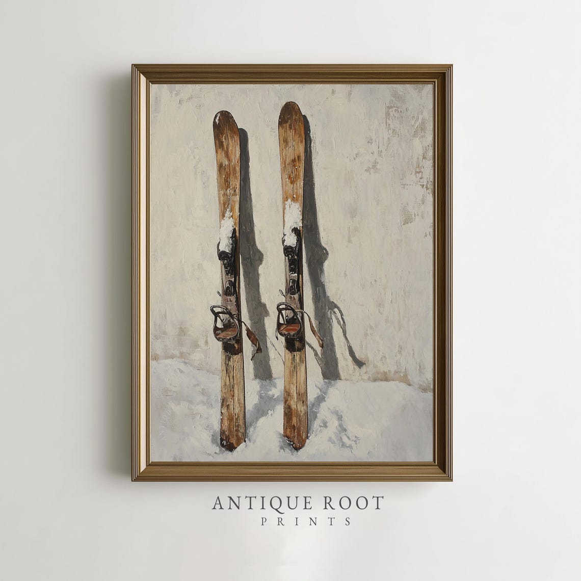 Vintage Wooden Skis Standing In Snow Nostalgic Winter Art Poster