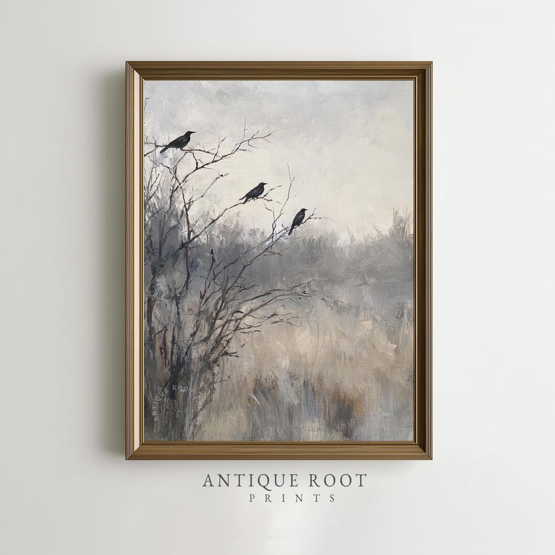 Misty Black Crows Art Print Winter Scene Minimalist Rustic Wall Decor Moody Farmhouse Style