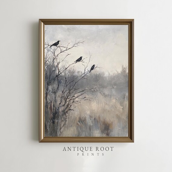 Misty Black Crows Art Print Winter Scene Minimalist Rustic Wall Decor Moody Farmhouse Style