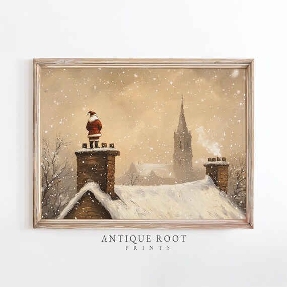 Santa Standing on Snowy Chimney Vintage Christmas Village Print