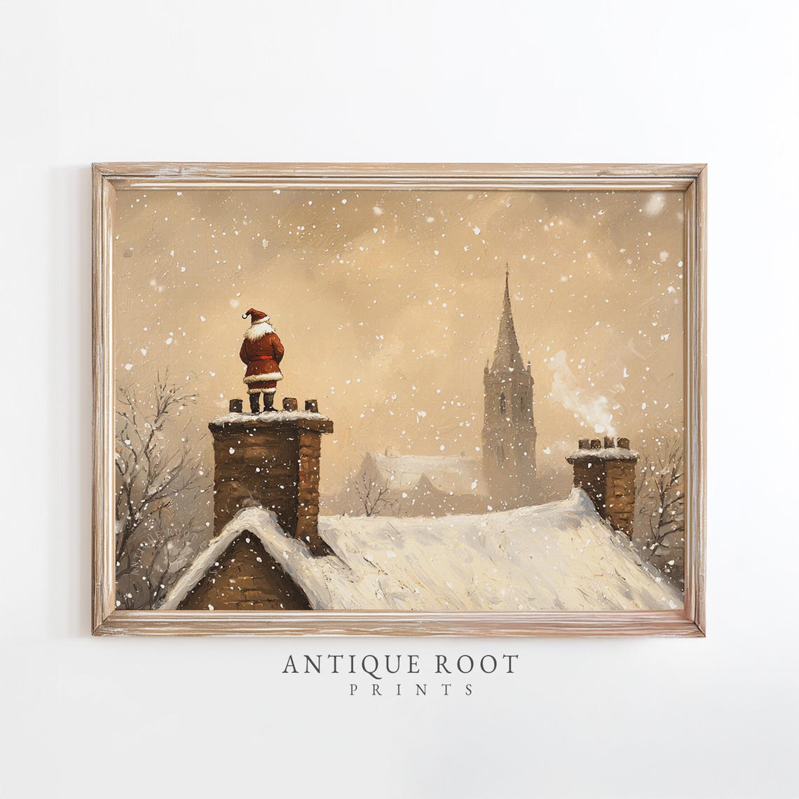 Santa Standing on Snowy Chimney Vintage Christmas Village Print