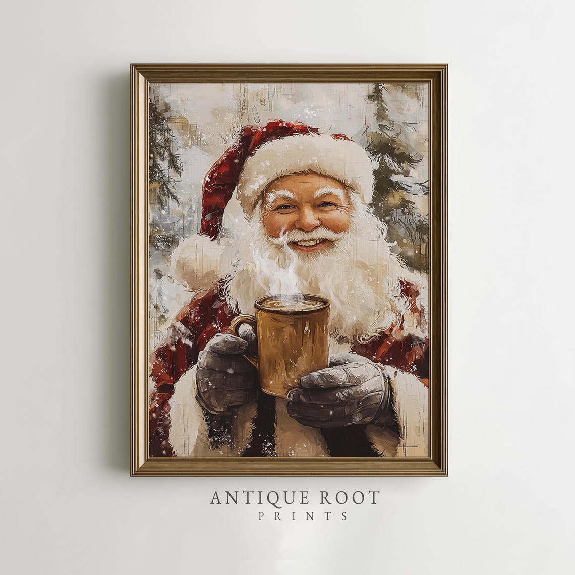 Smiling Santa Claus Holding Steaming Mug Vintage Christmas Art Print