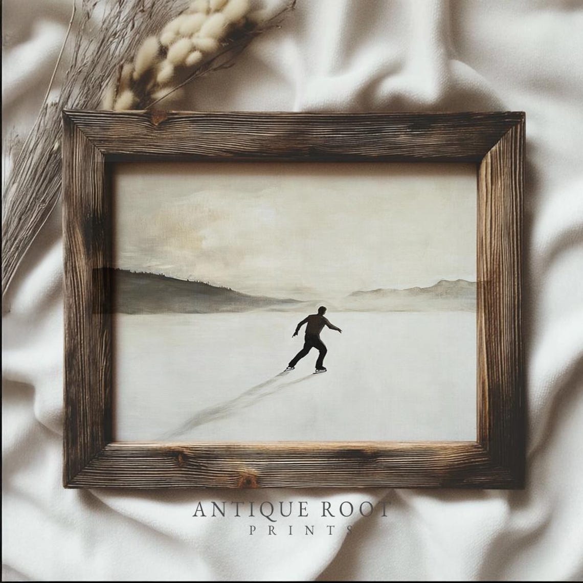 Lone Ice Skater On Frozen Lake Misty Minimalist Winter Poster