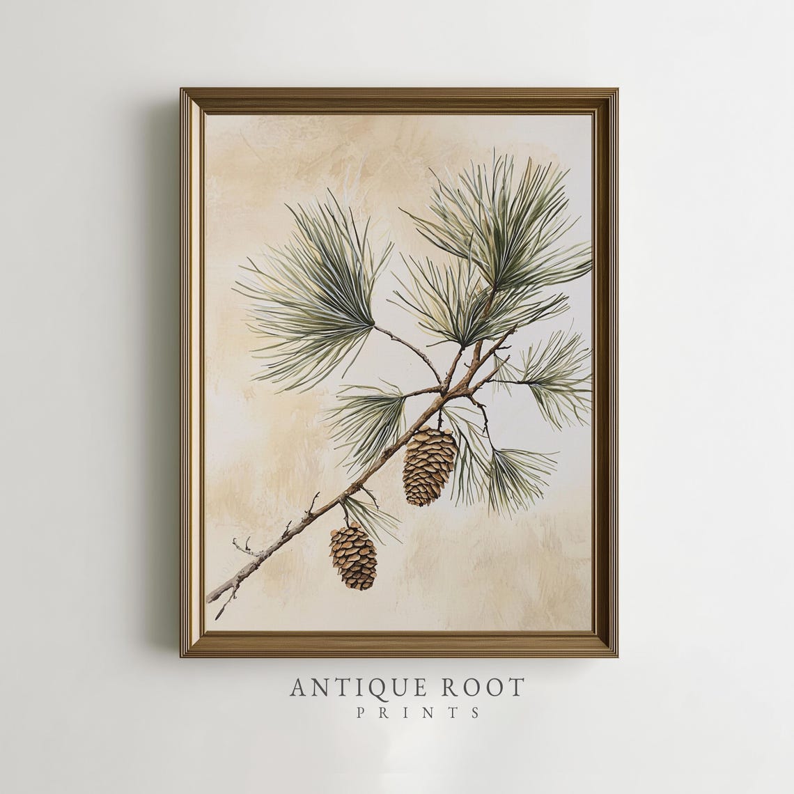 Rustic Pine Branch With Cones Wall Art Vintage Botanical Illustration Neutral Nature Decor Soft Painted 238
