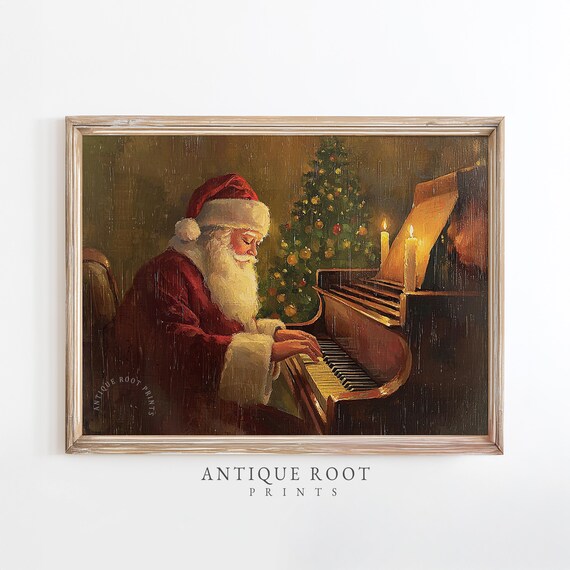 Santa Claus Playing Piano with Christmas Tree Vintage Art Poster