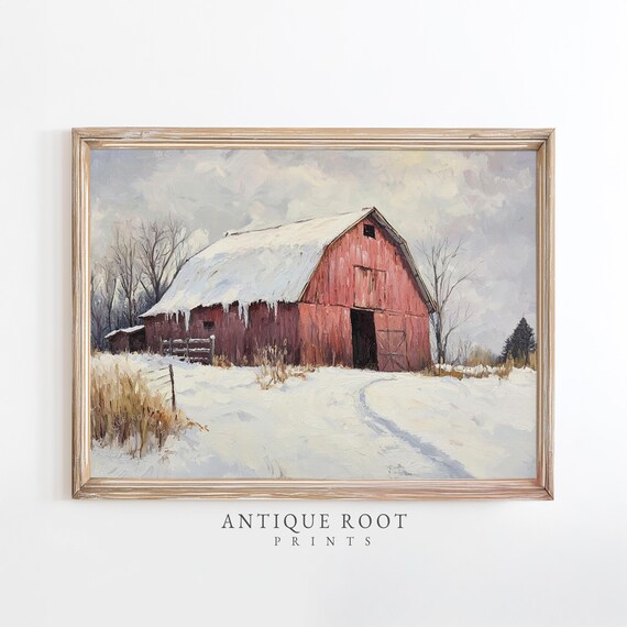 Rustic Red Barn Winter Art Print Cozy Farmhouse Wall Moody Country Scene Decor Vintage Charm