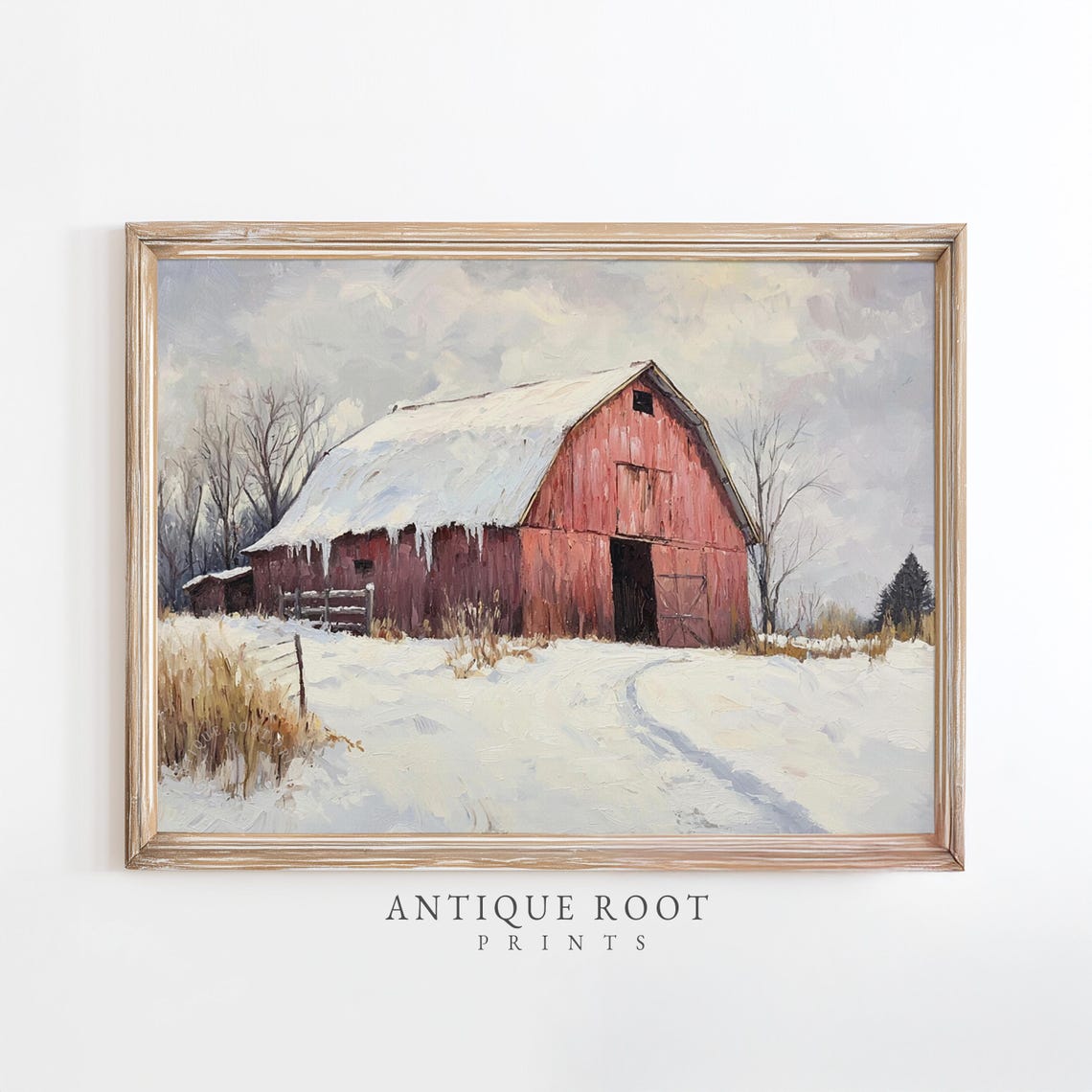 Red Barn Winter Snow Rustic Farmhouse Landscape Painting Poster