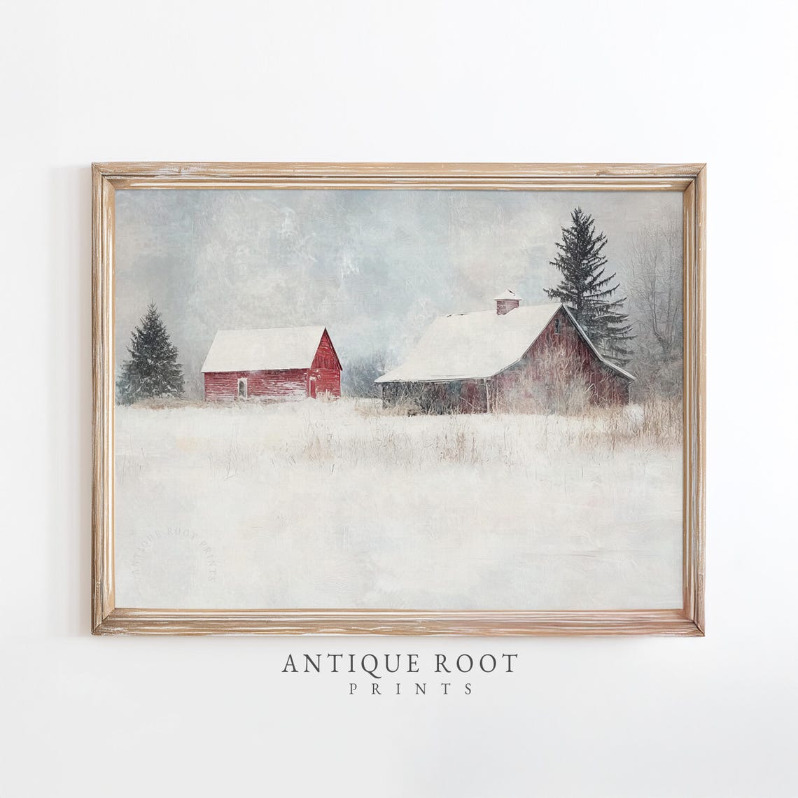 Winter Red Barns Snow Covered Rustic Farmhouse Watercolor Night Print