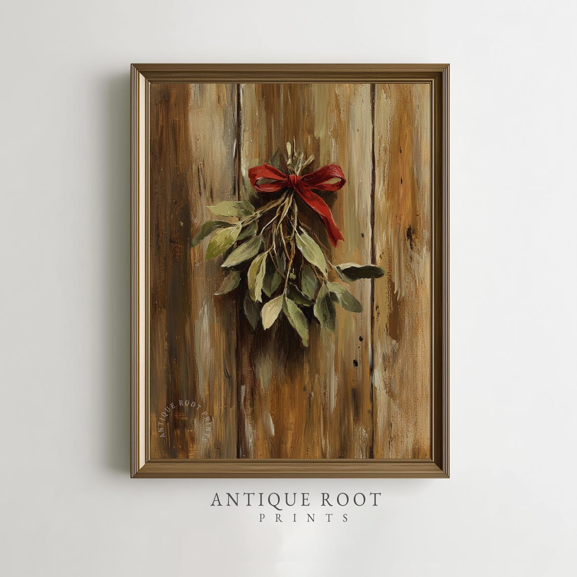 Mistletoe Red Bow Rustic Wood Planks Vintage Christmas Painting Print