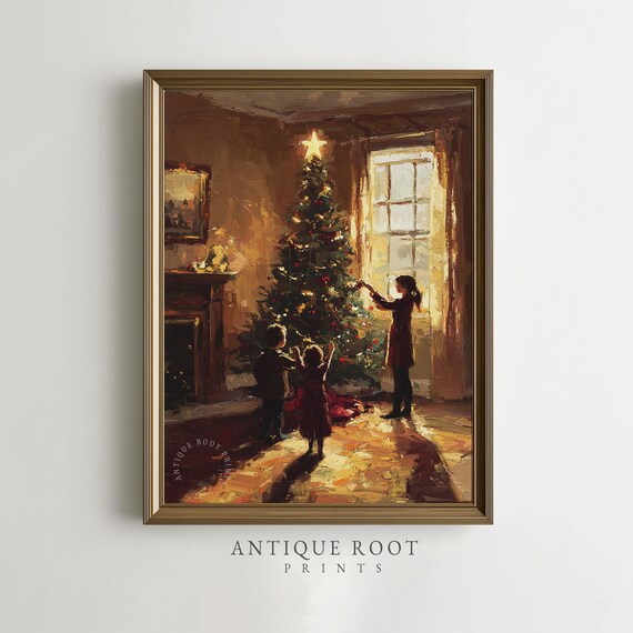 Sweet Children Decorating Christmas Tree Warm Cozy Holiday Poster