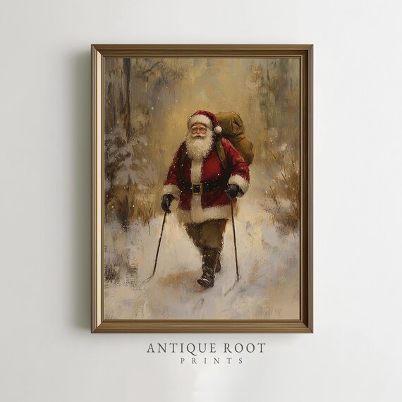 Santa Claus Hiking Through a Snowy Forest With a Walking Stick Poster