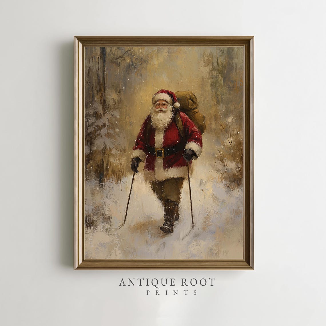 Santa Claus Hiking Through a Snowy Forest With a Walking Stick Poster