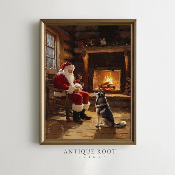 Santa Claus Husky Fireside Cozy Log Cabin Christmas Scene Art Print