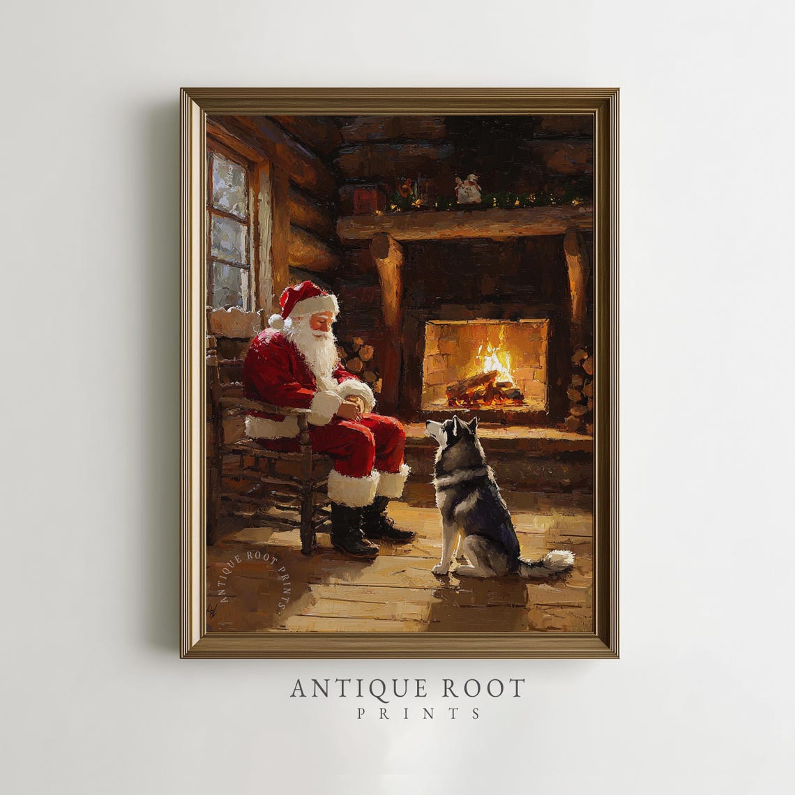 Santa Claus Husky Fireside Cozy Log Cabin Christmas Scene Art Print